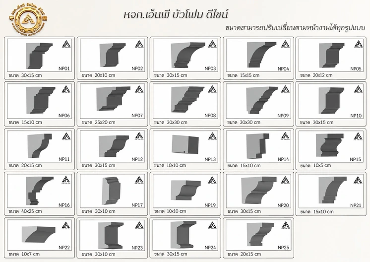 แคตตาล็อกหน้าตัดบัวโฟม EPS NP01–NP25 พร้อมขนาดมาตรฐานของแต่ละรุ่น
